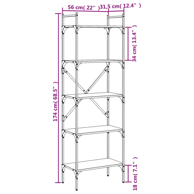 Bookcase 5-Tier Grey Sonoma 56x31.5x174 cm Engineered Wood