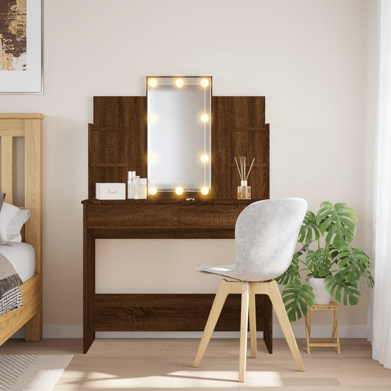 Modern Wooden Dressing Table Makeup Vanity Desk With LED Mirror & Drawers