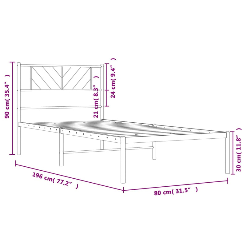 Metal Bed Frame without Mattress with Headboard White 75x190cm