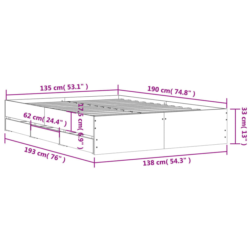 Modern Wooden Double Size 135cm Bed Frame Base With Storage Drawers