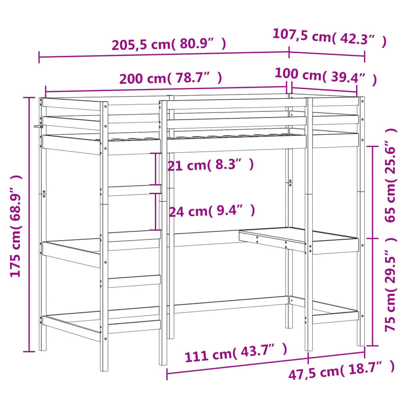 Loft Bed without Mattress 100x200 cm Solid Wood Pine