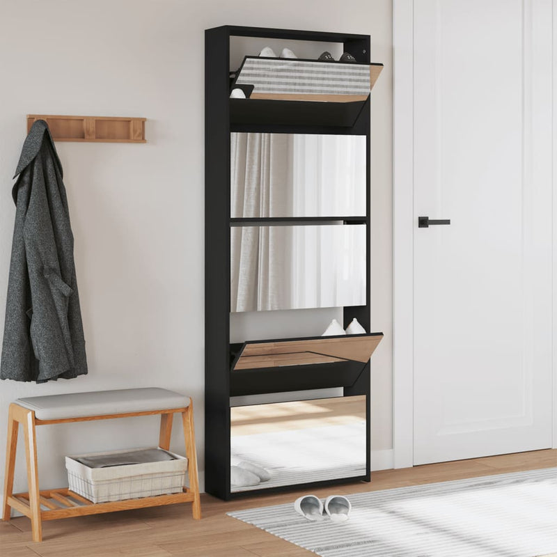 Shoe Cabinet with Mirror 5-Layer Black 63x17x169.5 cm