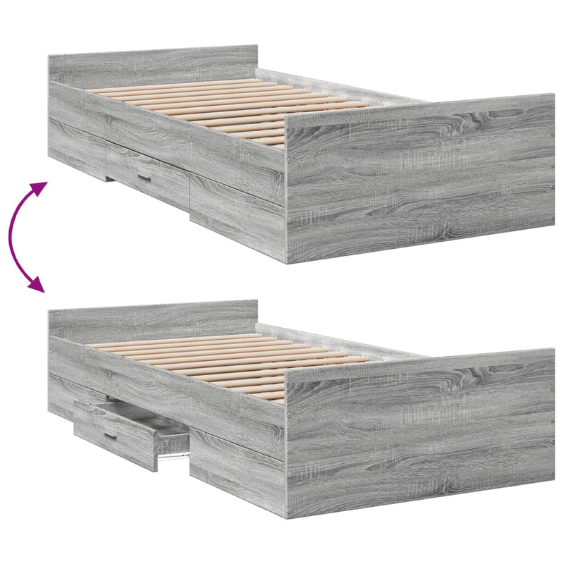 Bed Frame with Drawers without Mattress Grey Sonoma 75x190 cm Small Single