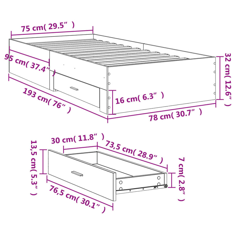 Bed Frame with Drawers without Mattress Black 75x190 cm Small Single