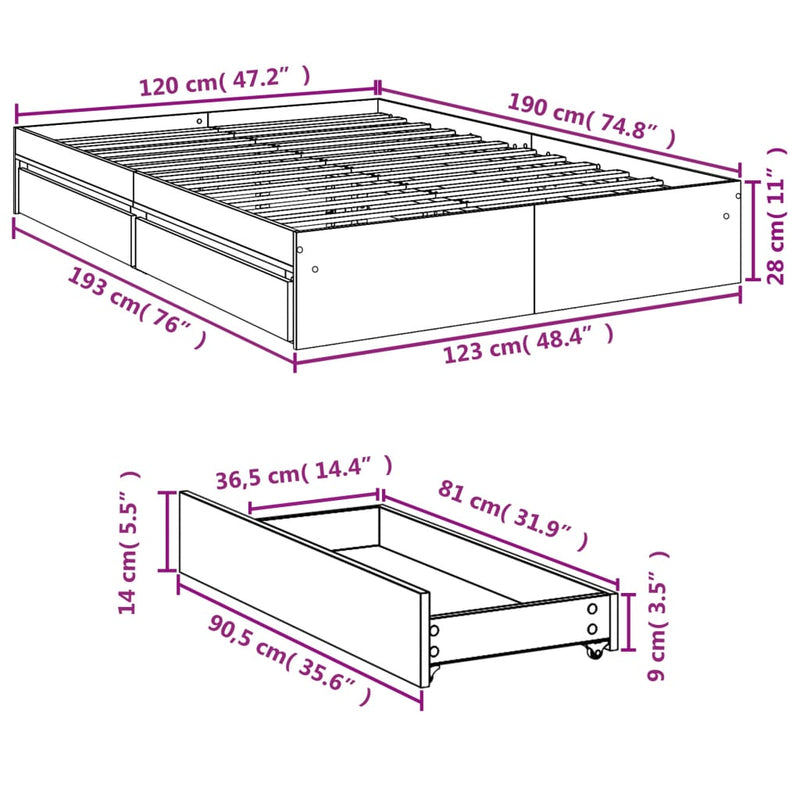 Bed Frame with Drawers without Mattress White 120x190 cm Small Double