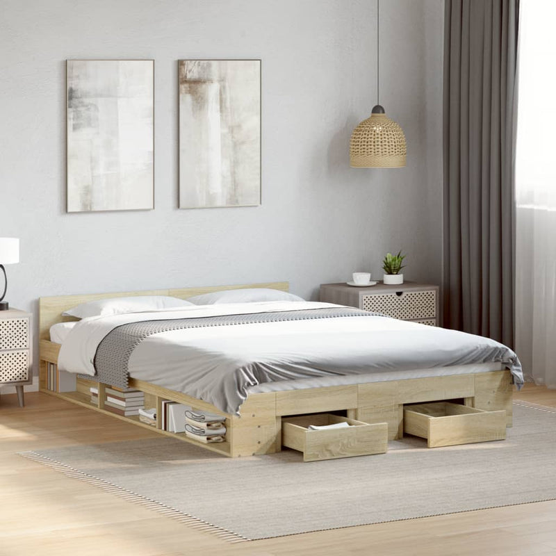 Modern Wooden Queen Size 1.6m Bed Frame Base With Under Storage Space Drawers