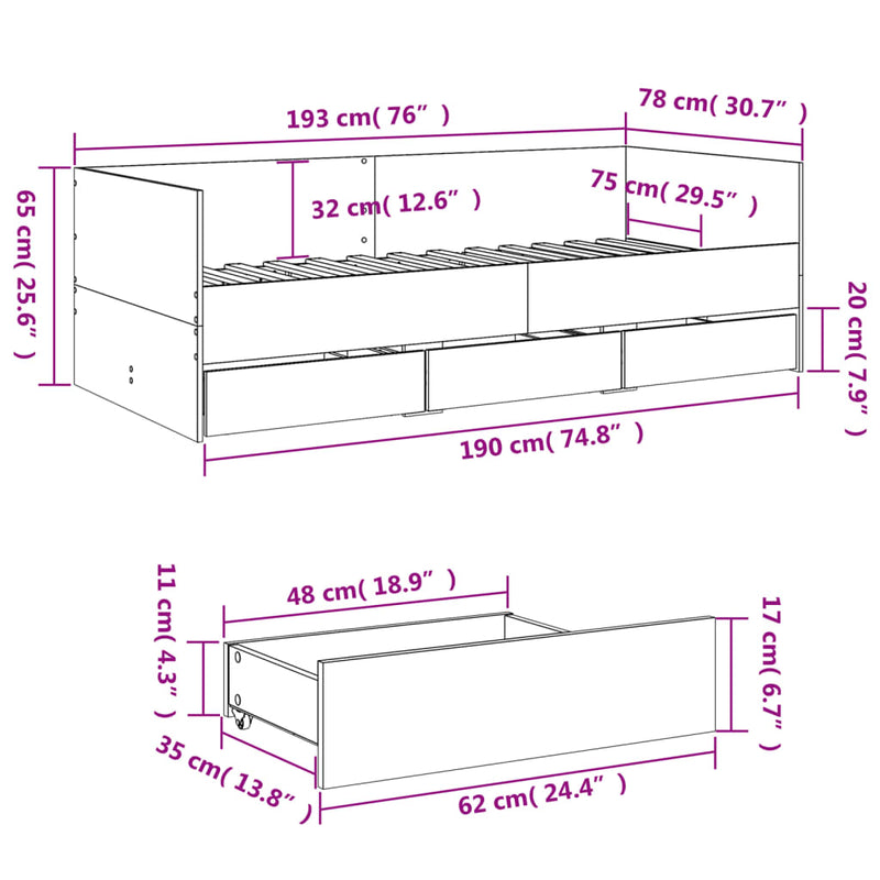 Daybed with Drawers without Mattress White 75x190 cm Small Single