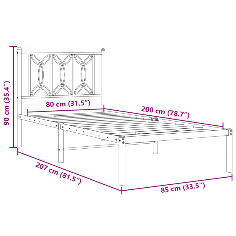 Metal Bed Frame without Mattress with Headboard White 80x200cm