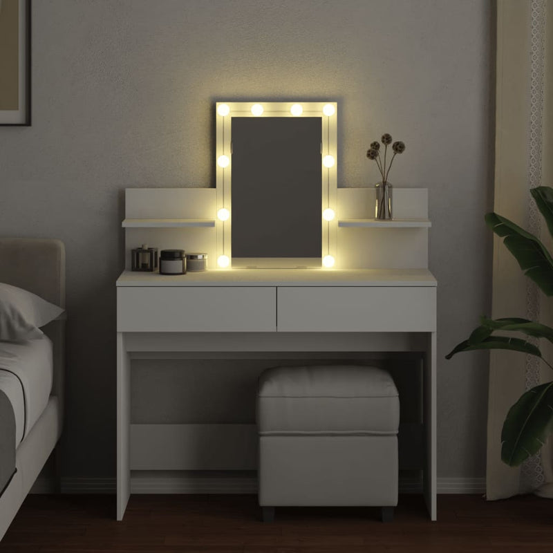 Modern Wooden Makeup Vanity Desk Dressing Table With 2 Drawers LED Mirror