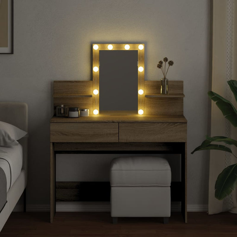 Modern Wooden Makeup Vanity Desk Dressing Table With 2 Drawers LED Mirror