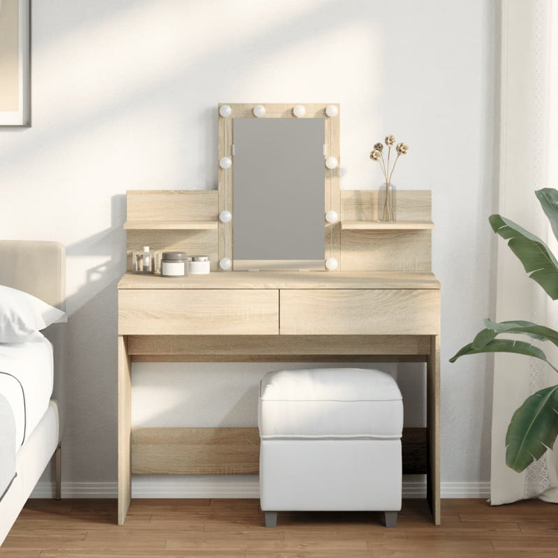 Modern Wooden Makeup Vanity Desk Dressing Table With 2 Drawers LED Mirror