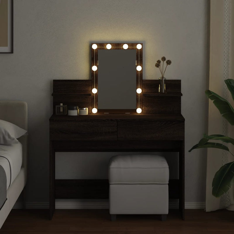 Modern Wooden Makeup Vanity Desk Dressing Table With 2 Drawers LED Mirror
