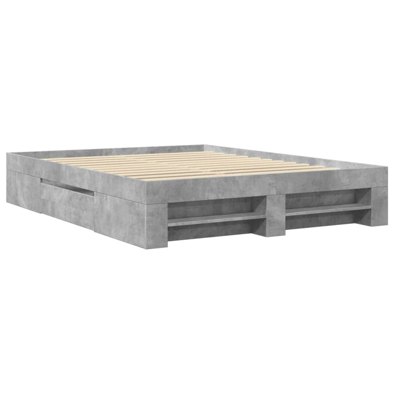 Modern Wooden Queen Size 160cm Bed Frame Base With Drawers & Open Compartments