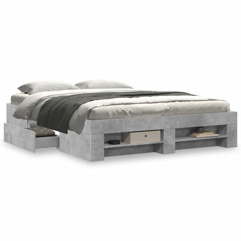 Modern Wooden Queen Size 160cm Bed Frame Base With Drawers & Open Compartments
