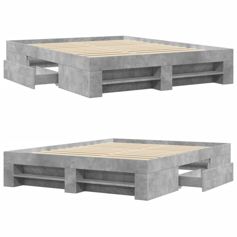 Modern Wooden Queen Size 160cm Bed Frame Base With Drawers & Open Compartments