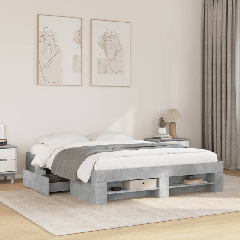 Modern Wooden Queen Size 160cm Bed Frame Base With Drawers & Open Compartments
