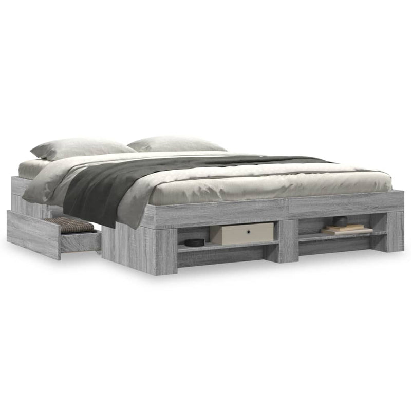 Modern Wooden Queen Size 160cm Bed Frame Base With Drawers & Open Compartments
