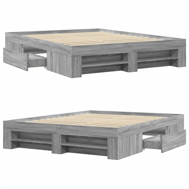 Modern Wooden Queen Size 160cm Bed Frame Base With Drawers & Open Compartments