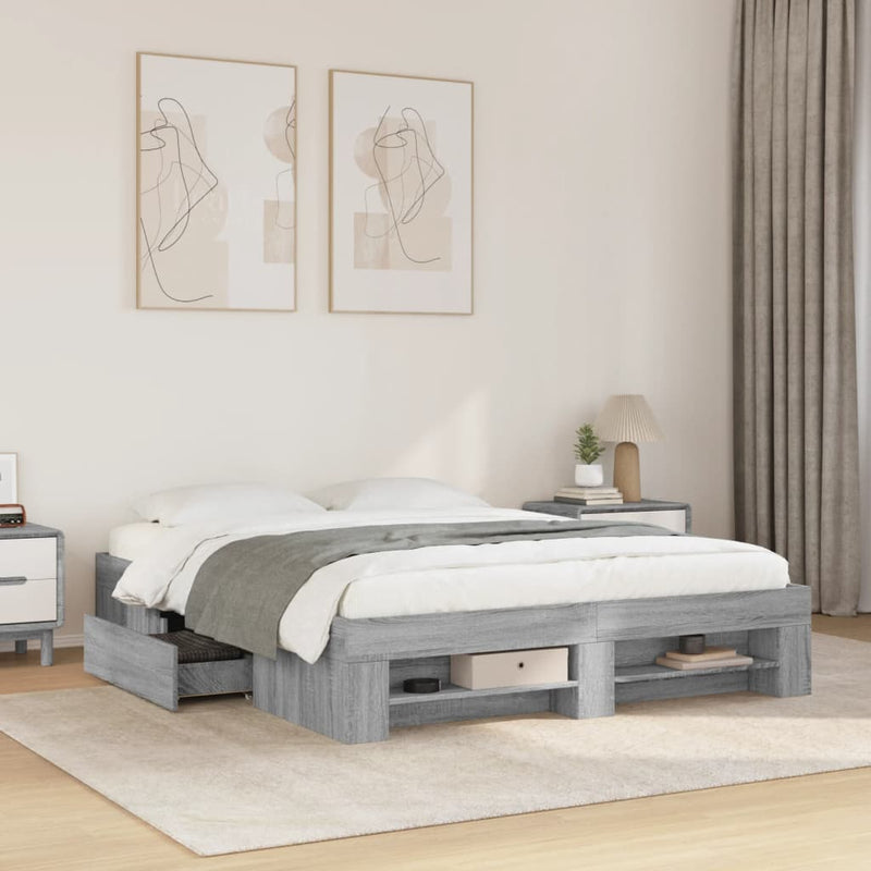 Modern Wooden Queen Size 160cm Bed Frame Base With Drawers & Open Compartments