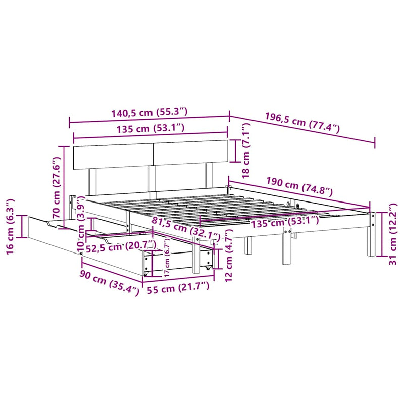 Bed Frame without Mattress White 135x190 cm Double Solid Wood Pine