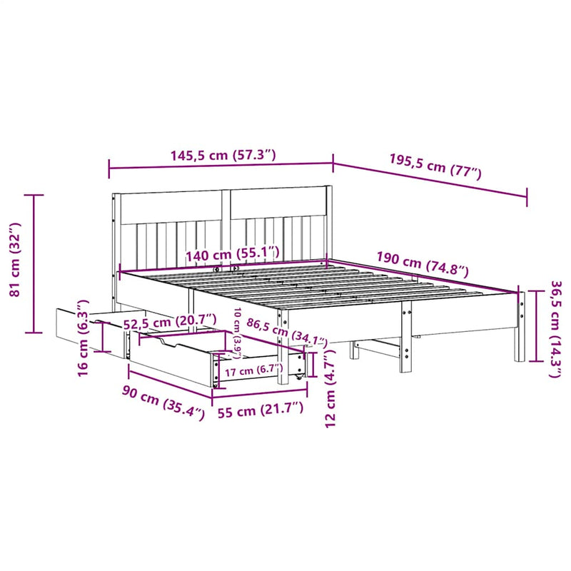 Bed Frame without Mattress White 140x190 cm Solid Wood Pine