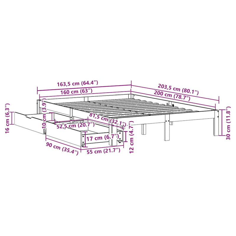 Bed Frame with Drawers without Mattress White 160x200 cm