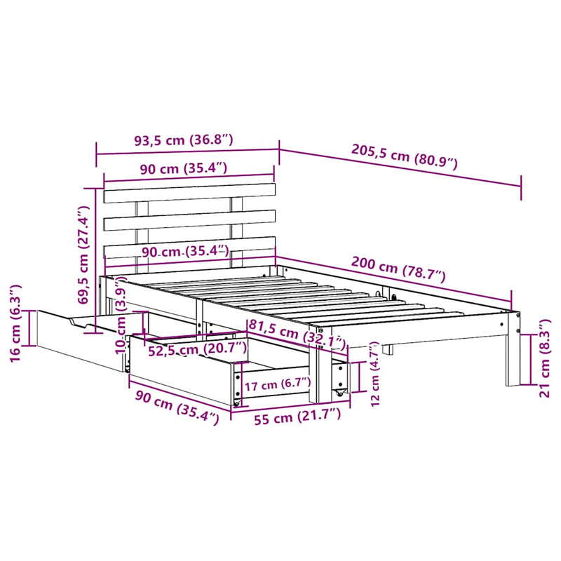 Bed Frame with Drawers without Mattress White90x200 cm