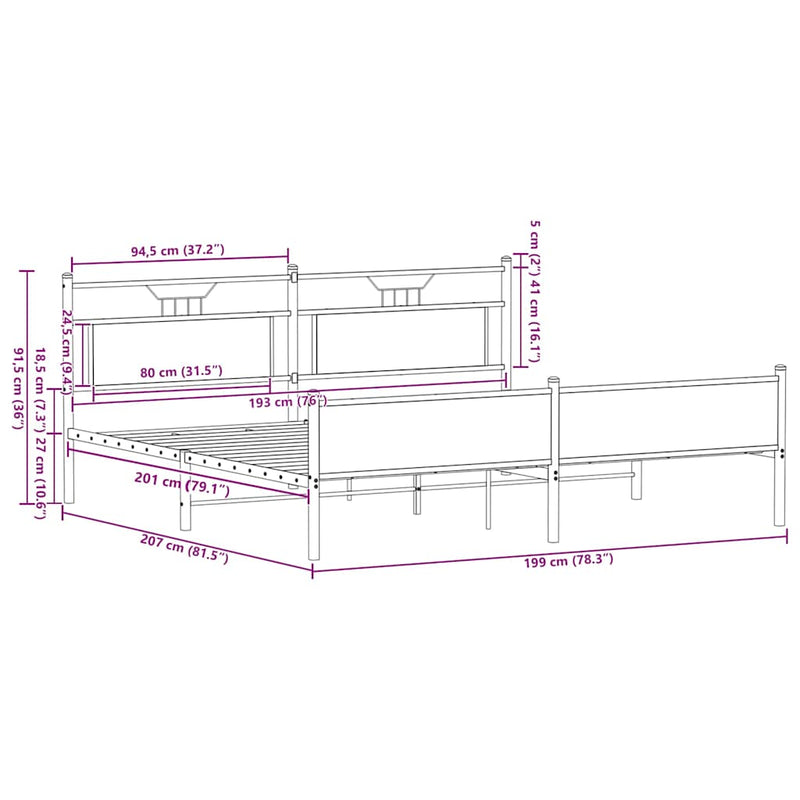 Metal Bed Frame without Mattress Sonoma Oak 193x201 cm