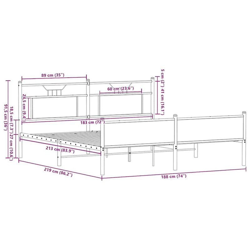 Metal Bed Frame without Mattress Brown Oak 183x213 cm