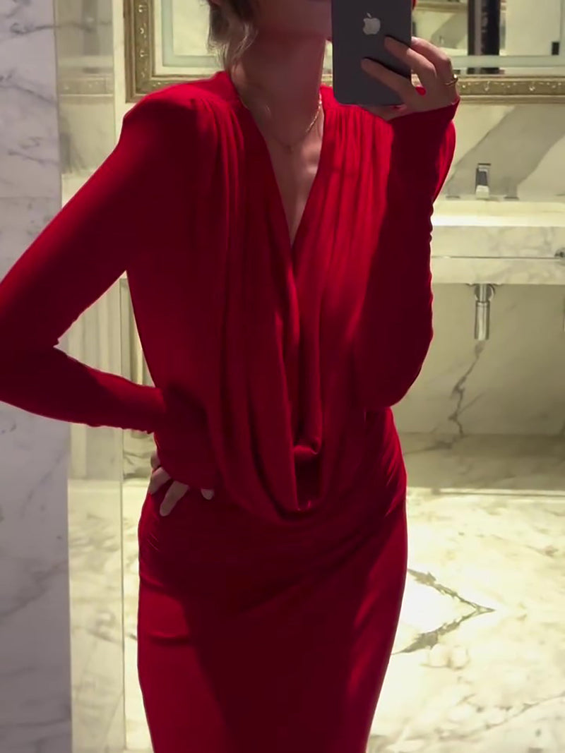 Red Swing Neck Long Sleeve Slim Dress