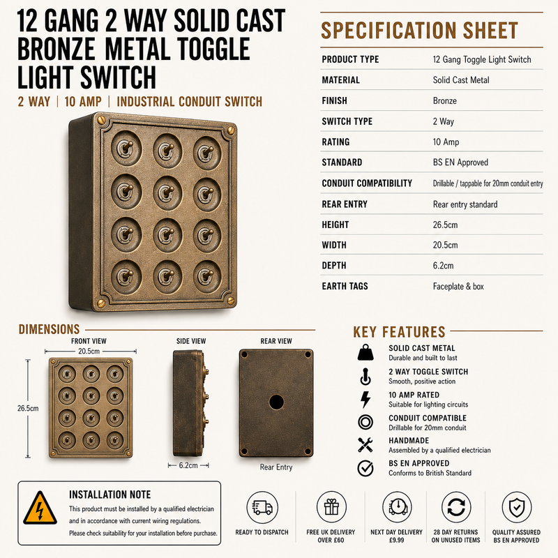 12 Gang 2 Way Bronze Solid Cast Metal Surface Mounting Conduit Light Switch Industrial - BS EN Approved Vintage Crabtree 1950