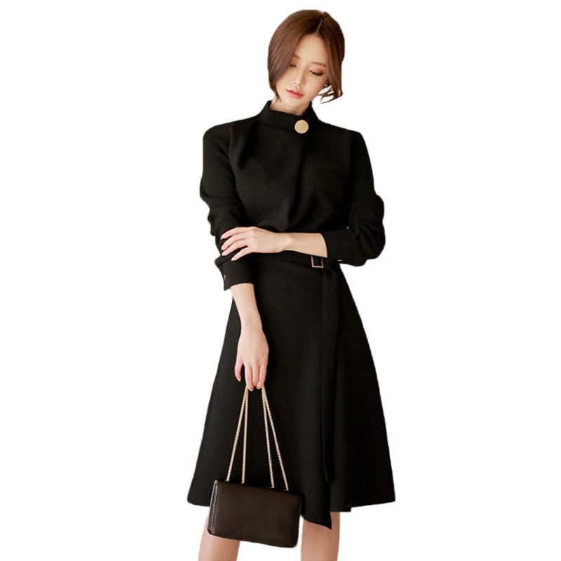 Long-sleeved waist slimming mid-length A-line skirt