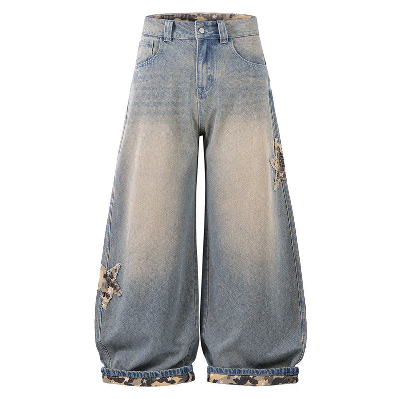 Camouflage Patchwork Star Patch Jeans For Men And Women Couples