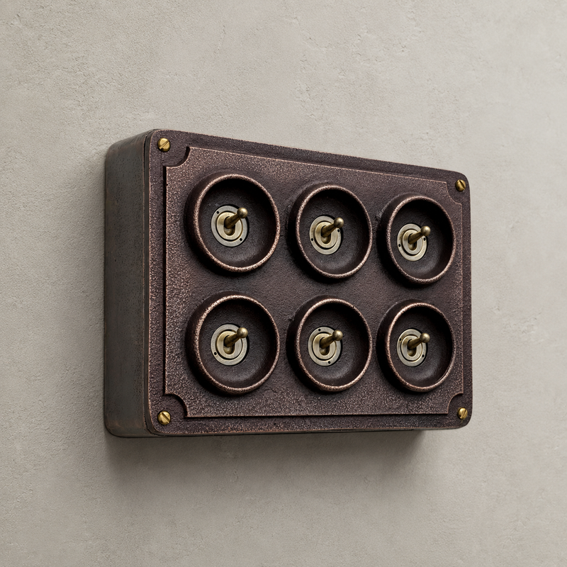 6 Gang 2 Way Antique Copper Solid Cast Metal Conduit Light Switch Industrial - Vintage Crabtree Style
