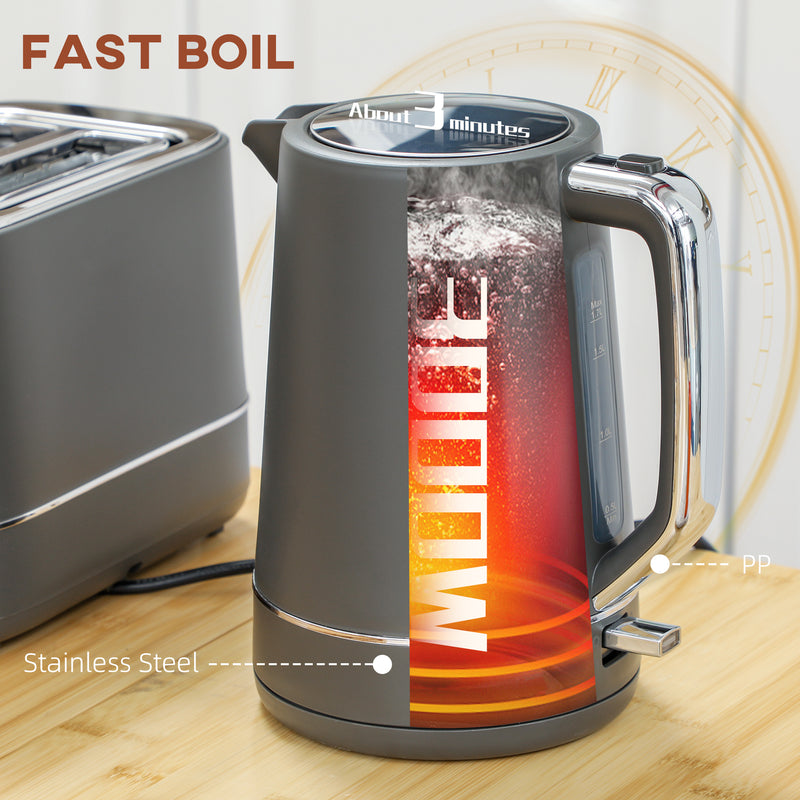 HOMCOM 1.7L 3000W Fast Boil Electric Kettle and 2 Slice Toaster Set, Grey