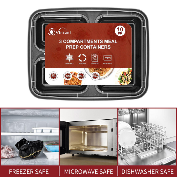 VINSANI 10pk 3 COMPARTMENTS MEAL PREP CONTAINERS 1010425 X 3