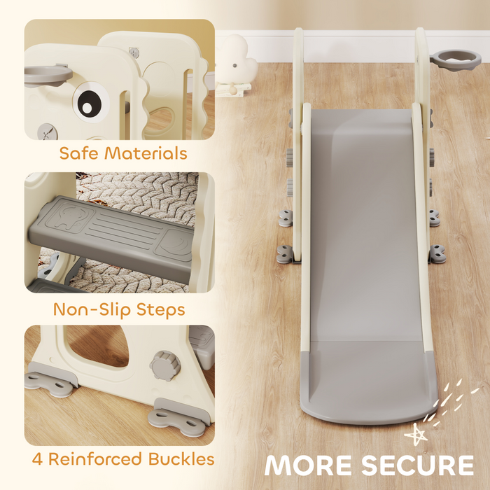 AIYAPLAY Foldable Kids Slide with Climber, Basketball Hoop, Cream White