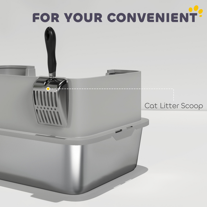 PawHut Stainless Steel Litter Box with Scoop, High Sided Cat Litter Tray