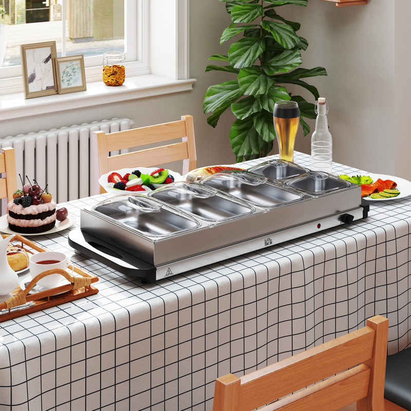 HOMCOM Electric Food Warmer 5 Tray, 9.2L Buffet Server with Lids, Silver