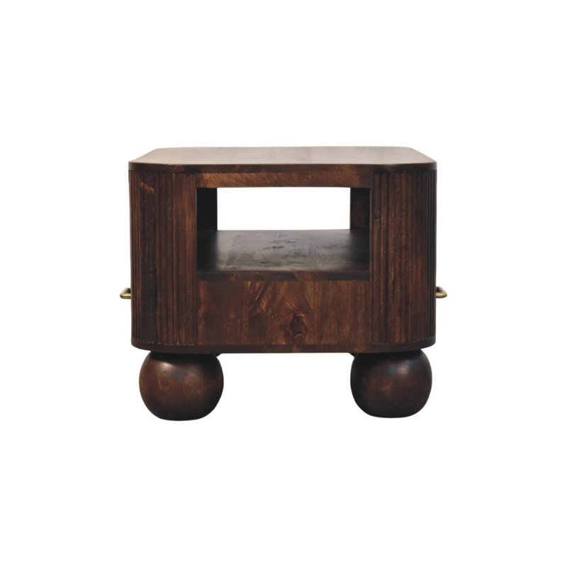 Artisan Furniture Solid Wood Sphere Leg Coffee Table, 2 Drawers And Open Slot, Dark Brown