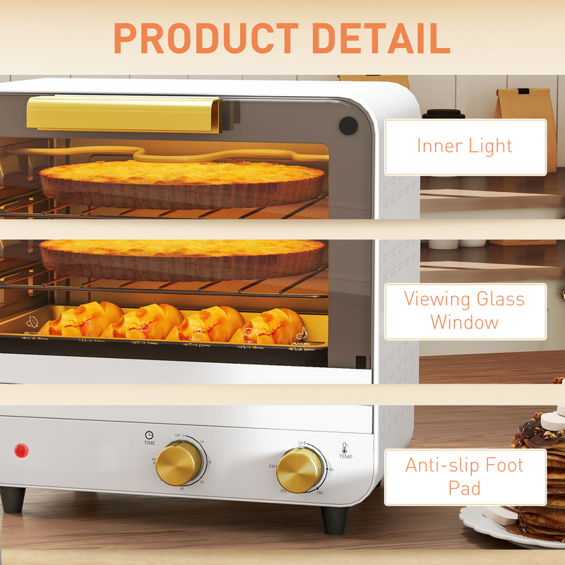 HOMCOM Small Toaster Oven, 12L Mini Countertop Oven with Glass Door, White