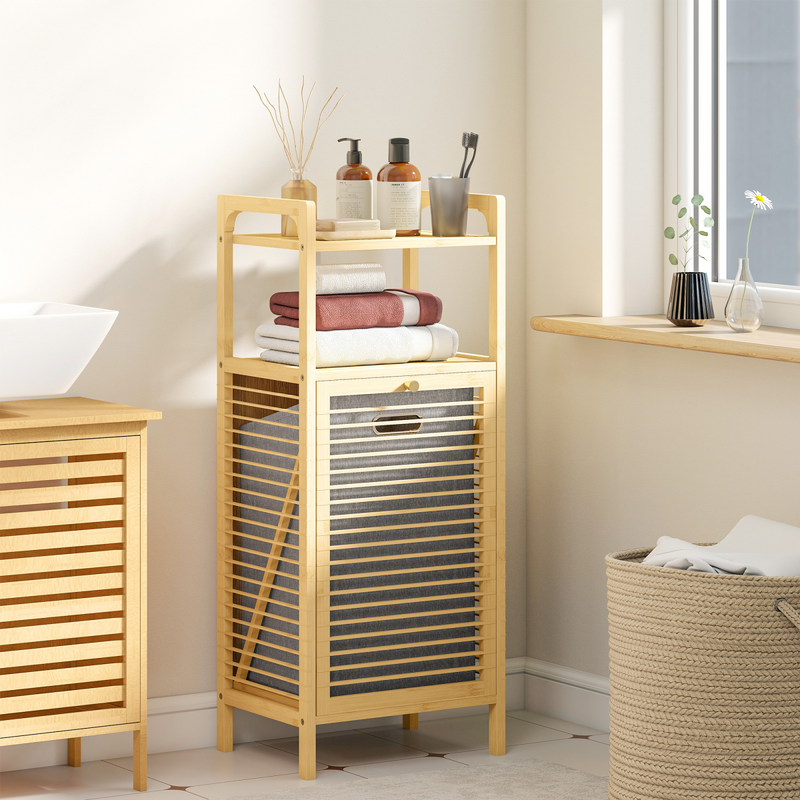 HOMCOM Removable 37L Laundry Hamper with Bamboo Bathroom Storage Cabinet