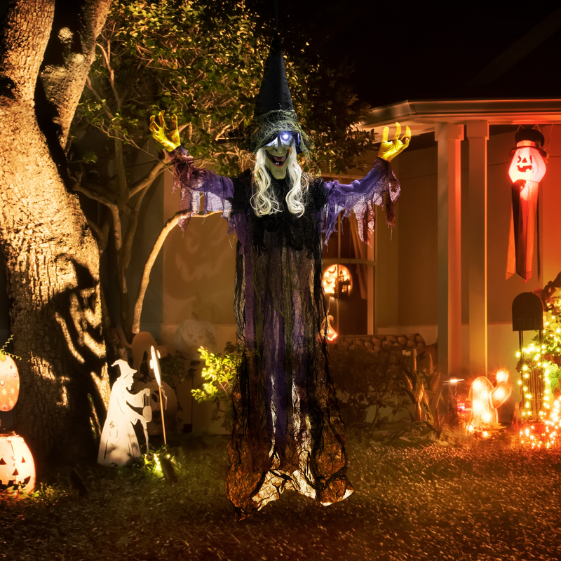Outsunny Voice Activated Halloween Animatronics Hanging Witch, Purple