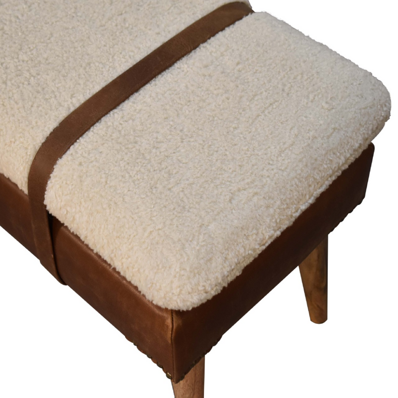 Artisan Furniture Solid Wood Boucle Buffalo Hide Leather Bench