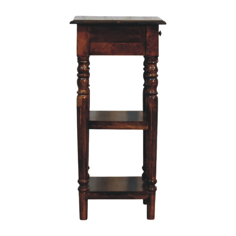 Artisan Furniture Solid Wood Tall Turned Leg Side Table, 1 Drawer & 2 Shelves, Brown