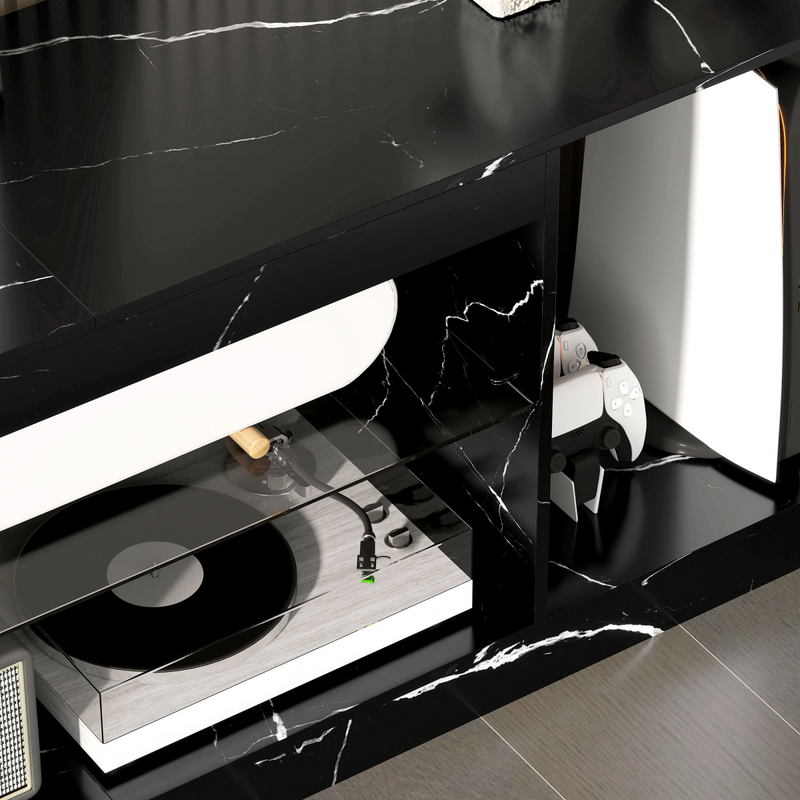 HOMCOM Marble Effect TV Stand Cabinet with Glass Shelf for 55 Inch TVs