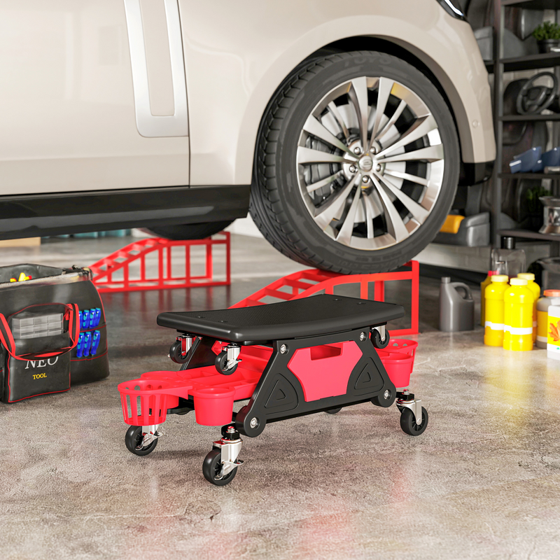 HOMCOM Rolling Mechanic Stool, 135kg Capacity Workshop Stool, Red
