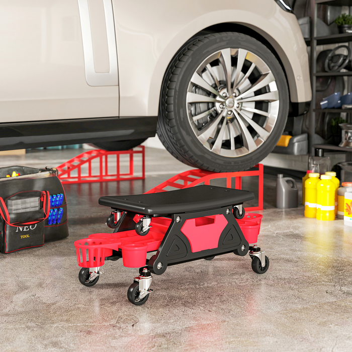 HOMCOM Rolling Mechanic Stool, 135kg Capacity Workshop Stool, Red