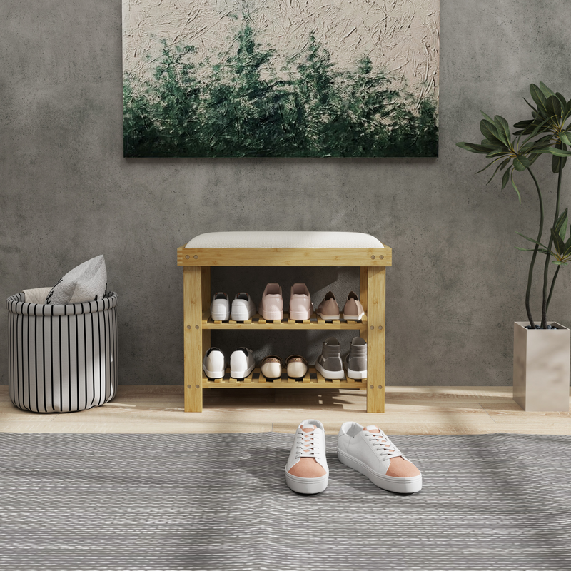 HOMCOM 3-Tier Shoe Storage Bench, Bamboo Shoe Rack for Entryway, Cream