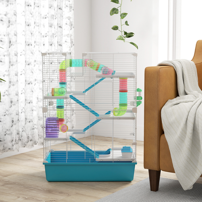 PawHut 6 Tier Hamster Cage with Twin Tower and Accessories, Light Blue